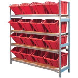 Wide Span Shelving with Jumbo Plastic Bins, Steel, Boltless, 800 lbs. Capacity, 66" W x 72" H x 18" D