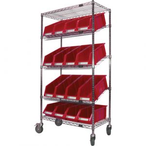 Slanted Wire Shelf Cart with Bins, 5 Tiers, 36" W x 69" H x 18" D