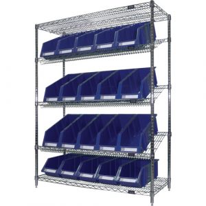 Slanted Wire Shelf with Bins, 5 Tiers, 48" W x 63" H x 18" D