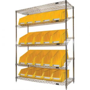 Slanted Wire Shelf with Bins, 5 Tiers, 48" W x 63" H x 18" D