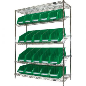 Slanted Wire Shelf with Bins, 5 Tiers, 48" W x 63" H x 18" D