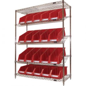 Slanted Wire Shelf with Bins, 5 Tiers, 48" W x 63" H x 18" D
