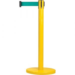 Free-Standing Crowd Control Barrier, Steel, 35" H, Green Tape, 7' Tape Length