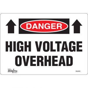 "High Voltage Overhead" Sign, 7" x 10", Vinyl, English with Pictogram
