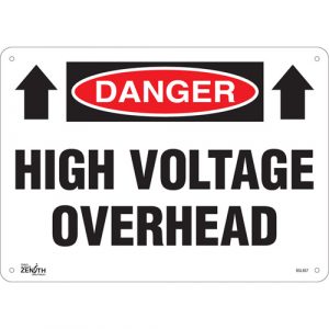"High Voltage Overhead" Sign, 10" x 14", Plastic, English with Pictogram