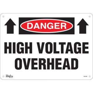 "High Voltage Overhead" Sign, 10" x 14", Aluminum, English with Pictogram
