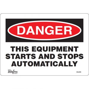 "This Equipment Starts And Stops Automatically" Sign, 7" x 10", Vinyl, English