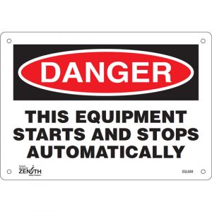 "This Equipment Starts And Stops Automatically" Sign, 7" x 10", Plastic, English