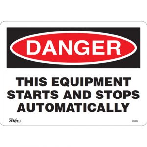 "This Equipment Starts And Stops Automatically" Sign, 10" x 14", Vinyl, English