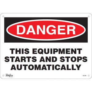 "This Equipment Starts And Stops Automatically" Sign, 10" x 14", Aluminum, English