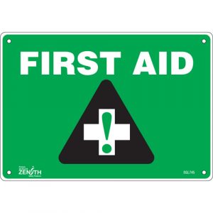 "First Aid" Sign, 7" x 10", Aluminum, English with Pictogram
