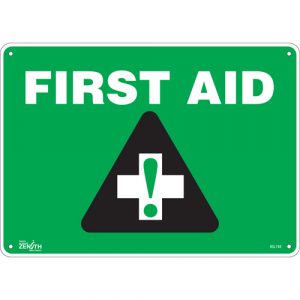 "First Aid" Sign, 10" x 14", Aluminum, English with Pictogram