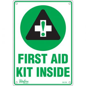 "First Aid Kit" Sign, 10" x 7", Plastic, English with Pictogram