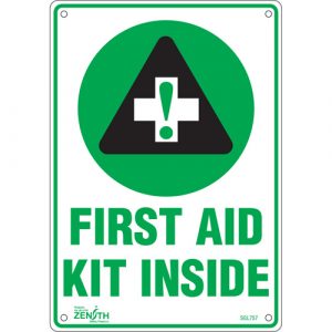 "First Aid Kit" Sign, 10" x 7", Aluminum, English with Pictogram