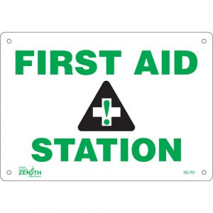 "First Aid Station" Sign, 7" x 10", Aluminum, English with Pictogram