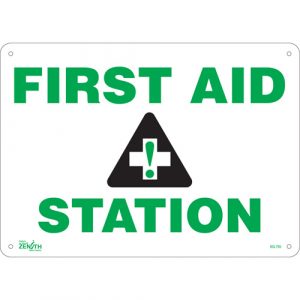 "First Aid Station" Sign, 10" x 14", Plastic, English with Pictogram