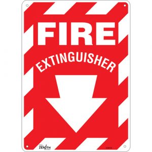 "Fire Extinguisher" with Down Arrow Sign, 14" x 10", Aluminum, English with Pictogram
