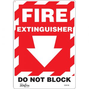 "Fire Extinguisher Do Not Block" with Down Arrow Sign, 10" x 7", Vinyl, English with Pictogram