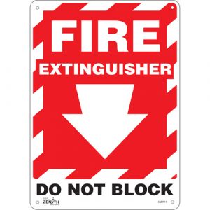 "Fire Extinguisher Do Not Block" with Down Arrow Sign, 14" x 10", Aluminum, English with Pictogram