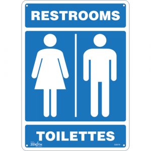 "Restrooms - Toilettes" Sign, 14" x 10", Plastic, Bilingual with Pictogram