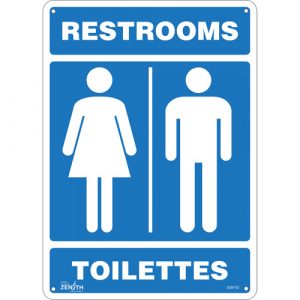 "Restrooms - Toilettes" Sign, 14" x 10", Aluminum, Bilingual with Pictogram