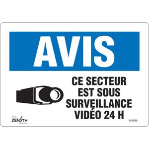 "Ce Secteur est Sous Surveillance" Sign, 7" x 10", Vinyl, French with Pictogram