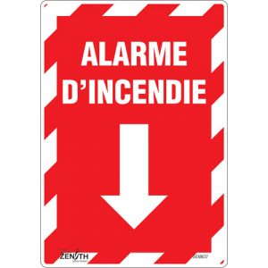 "Alarme D'Incendie" Arrow Sign, 10" x 7", Vinyl, French with Pictogram