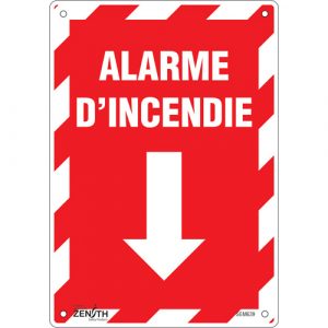 "Alarme D'Incendie" Arrow Sign, 10" x 7", Aluminum, French with Pictogram