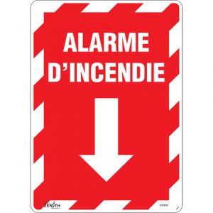"Alarme D'Incendie" Arrow Sign, 14" x 10", Vinyl, French with Pictogram