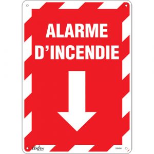 "Alarme D'Incendie" Arrow Sign, 14" x 10", Plastic, French with Pictogram