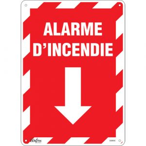 "Alarme D'Incendie" Arrow Sign, 14" x 10", Aluminum, French with Pictogram