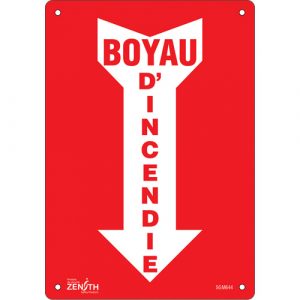 "Boyau D'Incendie" Arrow Sign, 10" x 7", Plastic, French with Pictogram