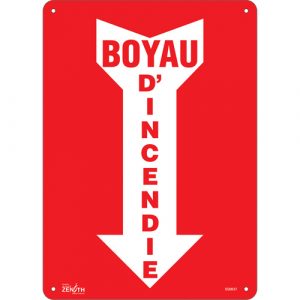 "Boyau D'Incendie" Arrow Sign, 14" x 10", Plastic, French with Pictogram