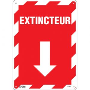 "Extincteur" Arrow Sign, 14" x 10", Plastic, French with Pictogram