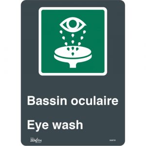 "Bassin Oculaire/Eye Wash" Sign, 14" x 10", Vinyl, Bilingual with Pictogram