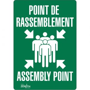 "Point de rassemblement/Assembly Point" Sign, 10" x 7", Vinyl, Bilingual with Pictogram