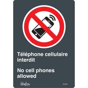 "Téléphone cellulaire interdit /No Cell Phones" Sign, 10" x 7", Vinyl, Bilingual with Pictogram