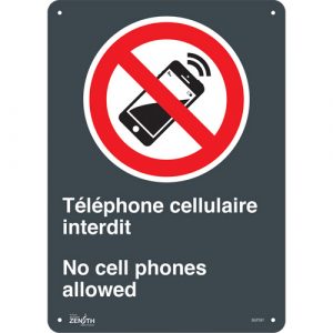 "Téléphone cellulaire interdit /No Cell Phones" Sign, 14" x 10", Aluminum, Bilingual with Pictogram