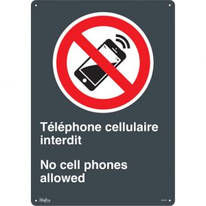 "Téléphone cellulaire interdit /No Cell Phones" Sign, 20" x 14", Plastic, Bilingual with Pictogram