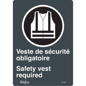 "Port du dossard obligatoire/Safety Vest Required" Sign, 10" x 7", Vinyl, Bilingual with Pictogram