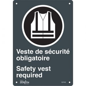 "Port du dossard obligatoire/Safety Vest Required" Sign, 10" x 7", Aluminum, Bilingual with Pictogram
