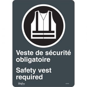 "Port du dossard obligatoire/Safety Vest Required" Sign, 14" x 10", Vinyl, Bilingual with Pictogram