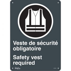 "Port du dossard obligatoire/Safety Vest Required" Sign, 14" x 10", Plastic, Bilingual with Pictogram