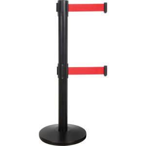 Dual Belt Crowd Control Barrier, Steel, 35" H, Red Tape, 7' Tape Length