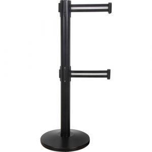 Dual Belt Crowd Control Barrier, Steel, 35" H, Black/White Tape, 7' Tape Length