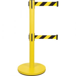 Dual Belt Crowd Control Barrier, Steel, 35" H, Black/Yellow Tape, 7' Tape Length
