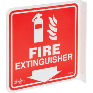 90° Projecting "Fire Extinguisher" Sign, 8" x 8", Plastic, English with Pictogram