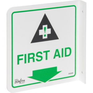 90° Projecting "First Aid" Sign, 8" x 8", Plastic, English with Pictogram