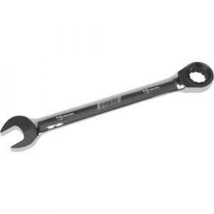Metric Ratcheting Combination Wrench, 12 Point, 15 mm, Chrome Finish